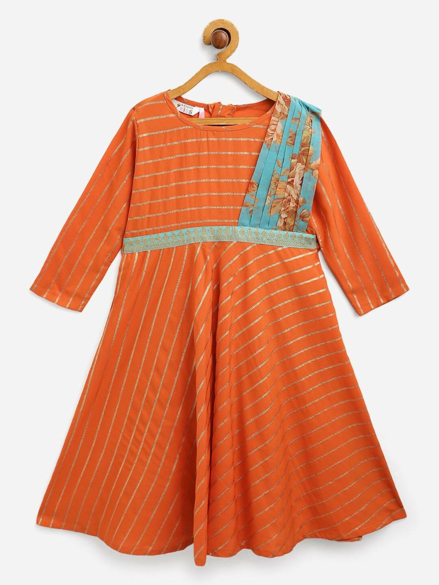 Ahalyaa Orange Crepe Gold Striped Printed Kids Dress Kurta With Attached Dupatta For Girls | Grocsy