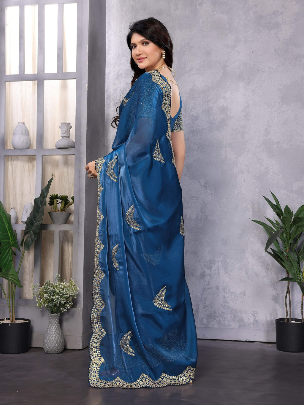 Vastranavya Blue Embroidery Work Shimmer Chiffon Saree with Unstitched Blouse | Grocsy