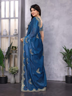 Vastranavya Blue Embroidery Work Shimmer Chiffon Saree with Unstitched Blouse | Grocsy