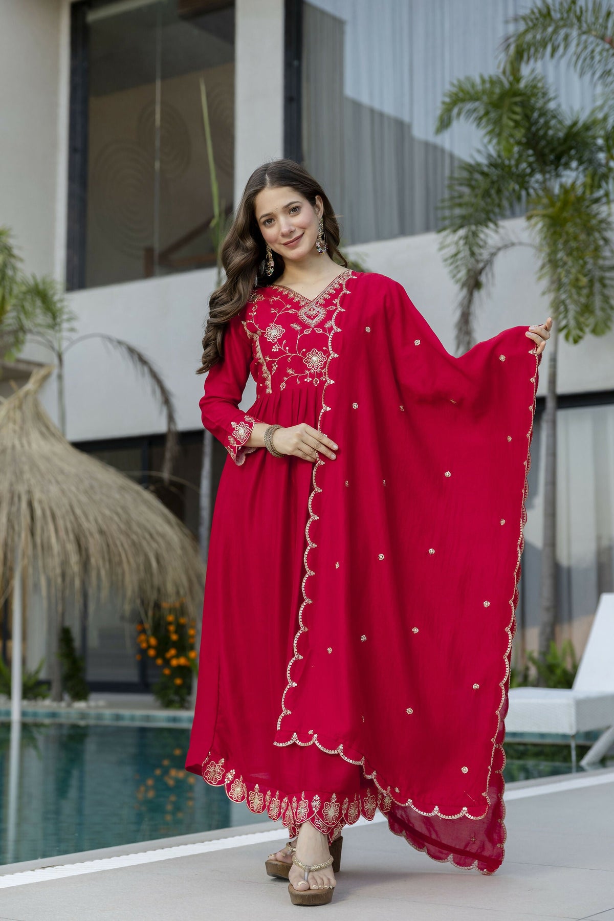 The52 Women's Beautiful Vichitra Silk Fabric Embroidery Work Flared Anarkali Pant and Dupatta Set | Grocsy