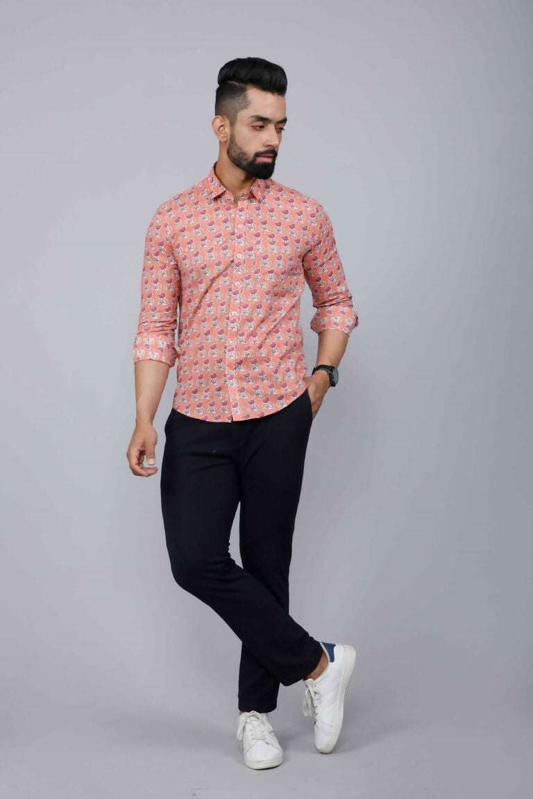 Miravan Men's Peach Spread Collar Floral Print Casual Shirt | Grocsy