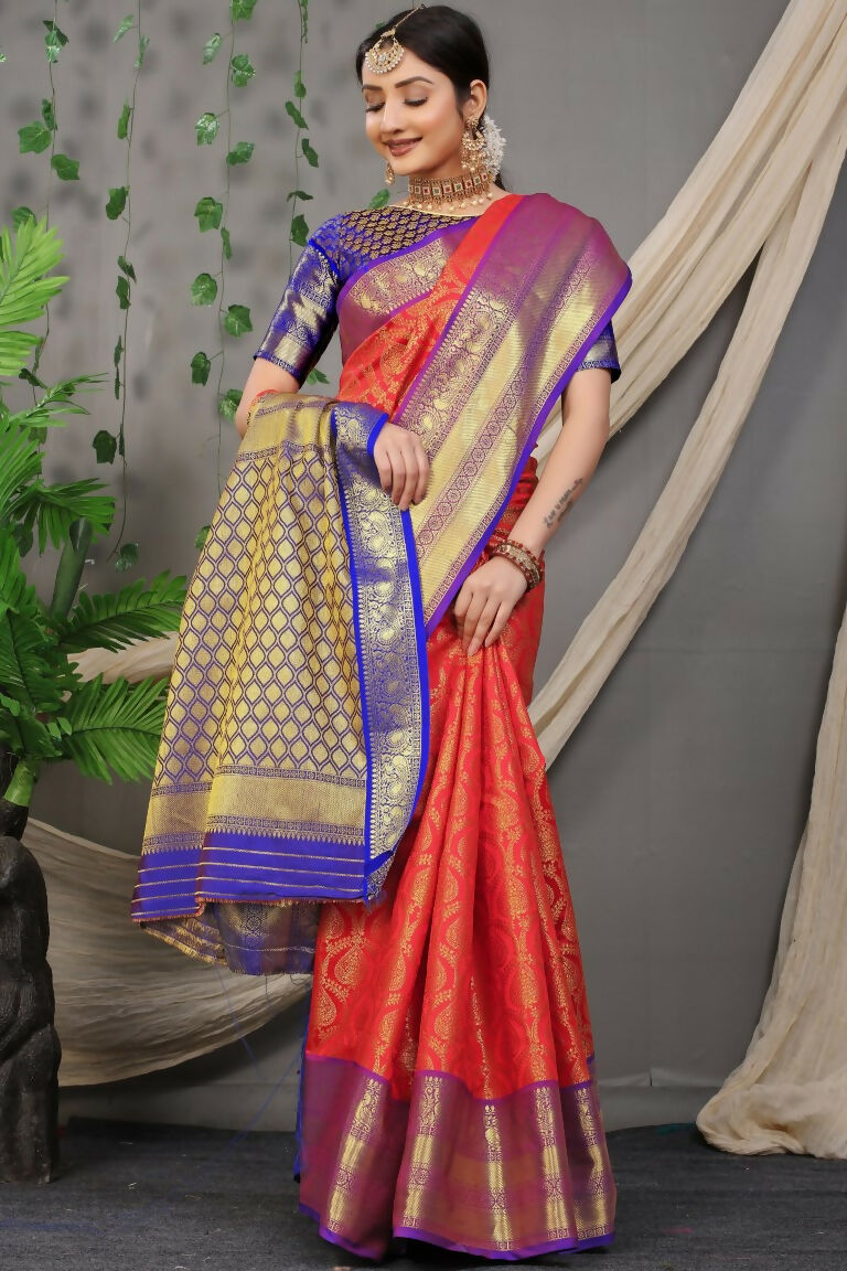 Jyoti Fashion Women's Red Kanjivaram Silk Zari Woven Saree with Blouse | Grocsy