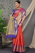 Jyoti Fashion Women's Red Kanjivaram Silk Zari Woven Saree with Blouse | Grocsy