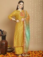 Jyoti Fashion Women's Yellow Chanderi Silk Elegant Jardoshi Semi Kurta with Trouser & Dupatta | Grocsy