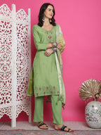 Jyoti Fashion Women's Green Muslin Floral Resham Embroidery Kurta with Trouser & Dupatta | Grocsy
