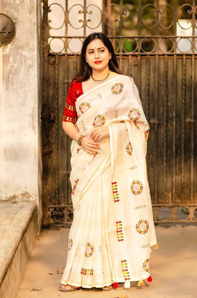 Cream Cotton Blend Warli Saree with Unstitched Blouse - A2M | Grocsy