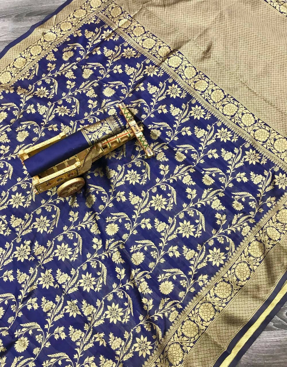 DEIANA'S Beautiful Designer Golden zari Soft Lichi Silk Saree - Blue | Grocsy