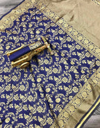 DEIANA'S Beautiful Designer Golden zari Soft Lichi Silk Saree - Blue | Grocsy