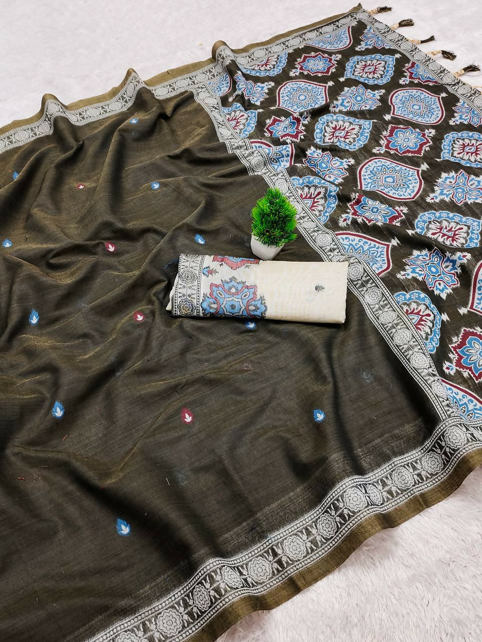 Vastranavya Mehendi Muga Cotton Meenakari & Azarakh Pallu Saree with Contrast Blouse | Grocsy