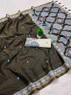 Vastranavya Mehendi Muga Cotton Meenakari & Azarakh Pallu Saree with Contrast Blouse | Grocsy