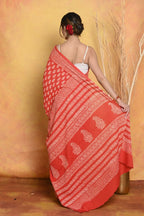 Very Much Indian Handblock Printed Cotton Saree With Natural Dyes - Orange | Grocsy