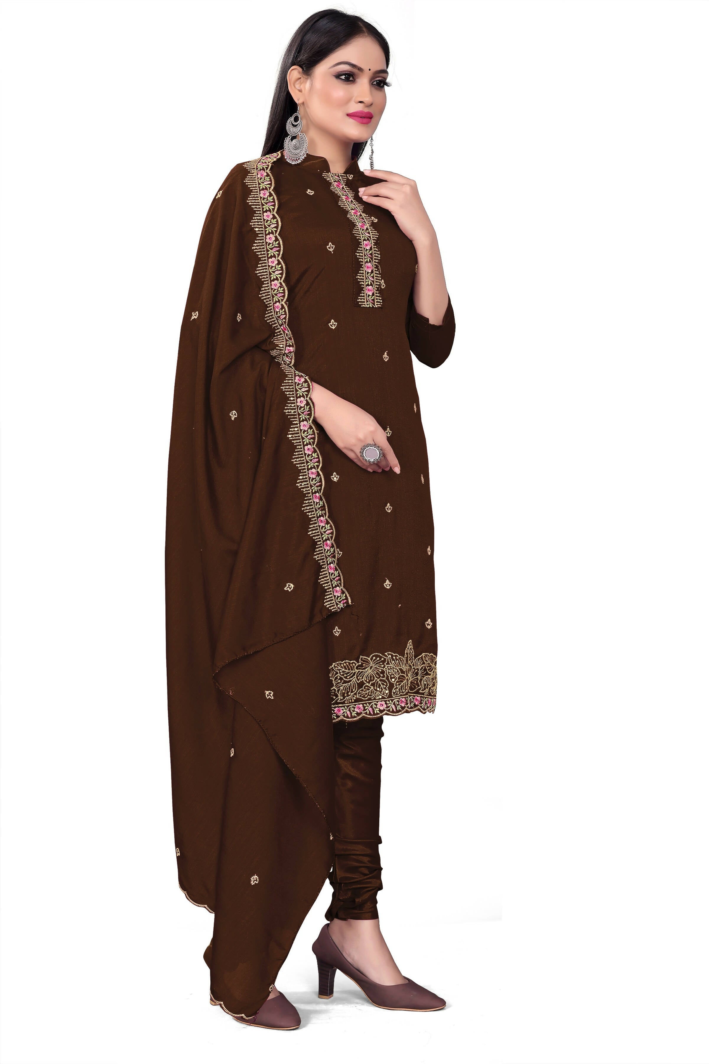 Brown Silk Embroidered with Sequins work Unstitched Dress Material - Tanvi | Grocsy