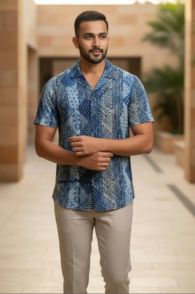 Samudra — Sea Blue Dabu Cotton Shirt by Hilo Design | Grocsy