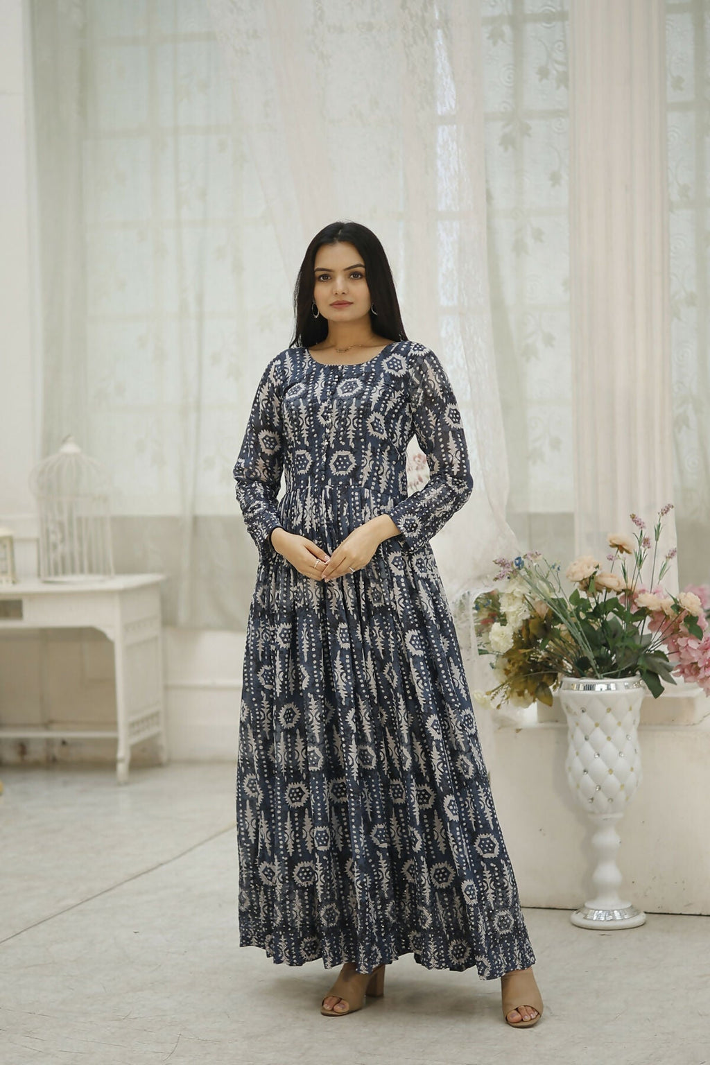Aayaa Printed Faux Georgette with Embroidery Thread Sequins work Gown - Multi Color | Grocsy