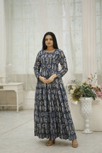 Aayaa Printed Faux Georgette with Embroidery Thread Sequins work Gown - Multi Color | Grocsy
