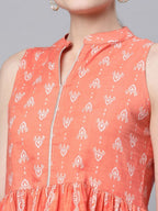 Ahalyaa Women Orange Pure Cotton Porcian Print Tunic | Grocsy