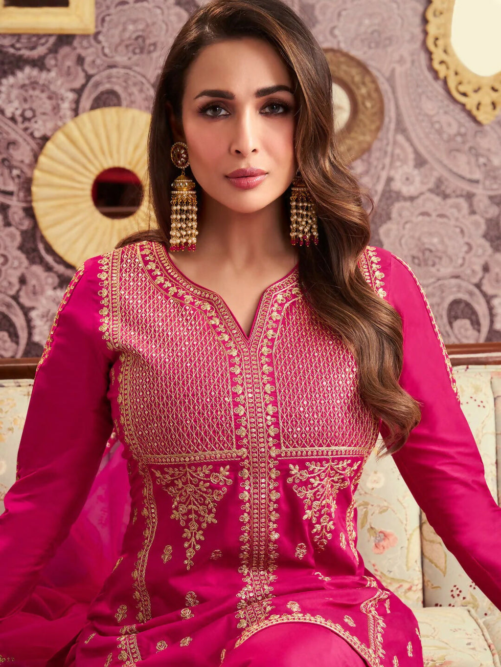 The52 Women's Beautiful Embroidery Work Chanderi Silk Fabric Straight Kurta Palazzo and Dupatta Set-Rani | Grocsy