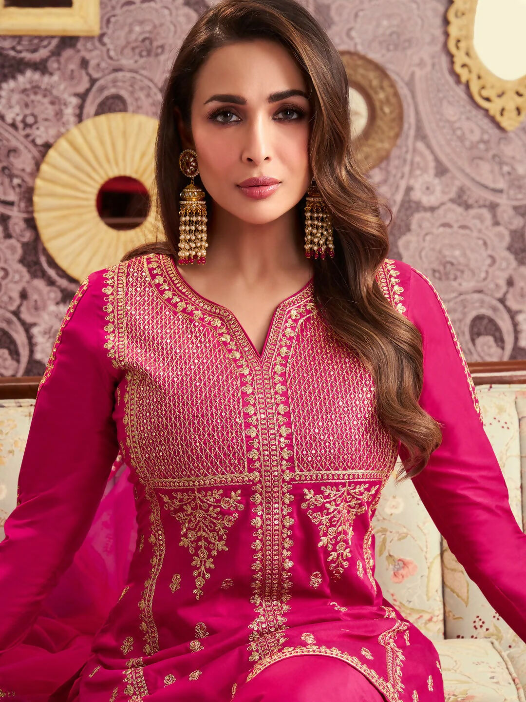 The52 Women's Beautiful Embroidery Work Chanderi Silk Fabric Straight Kurta Palazzo and Dupatta Set-Rani | Grocsy