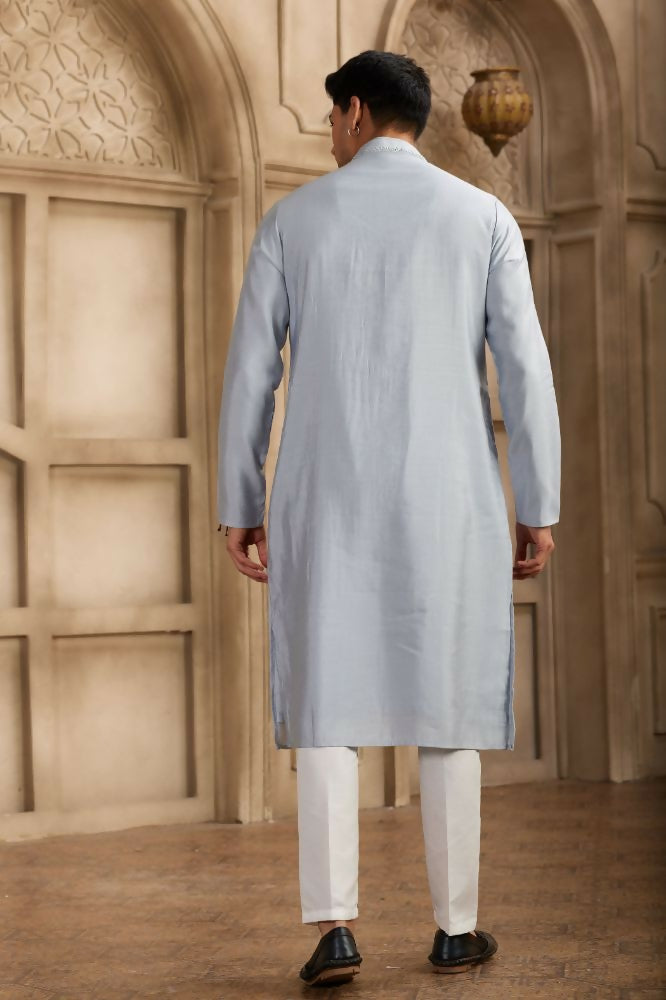 Raivat Ethnic Banarasi Art Silk Mirror Work Kurta Pajama In Sky Blue Colour | Grocsy