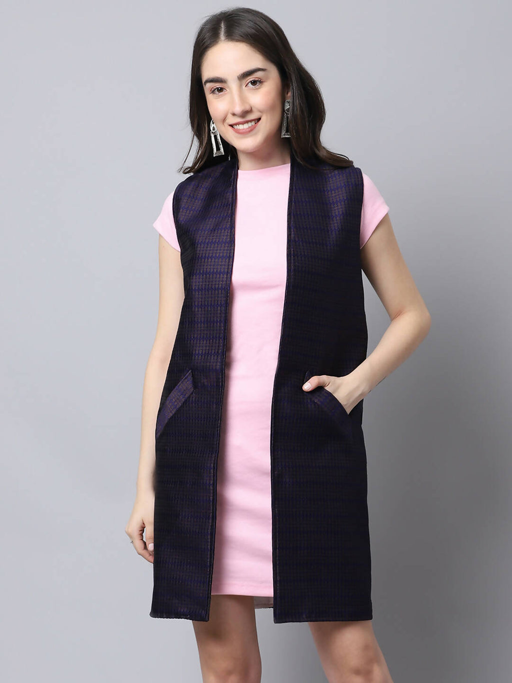 Even Apparels Navy Bansari Silk Open Front Women's Long Coat | Grocsy