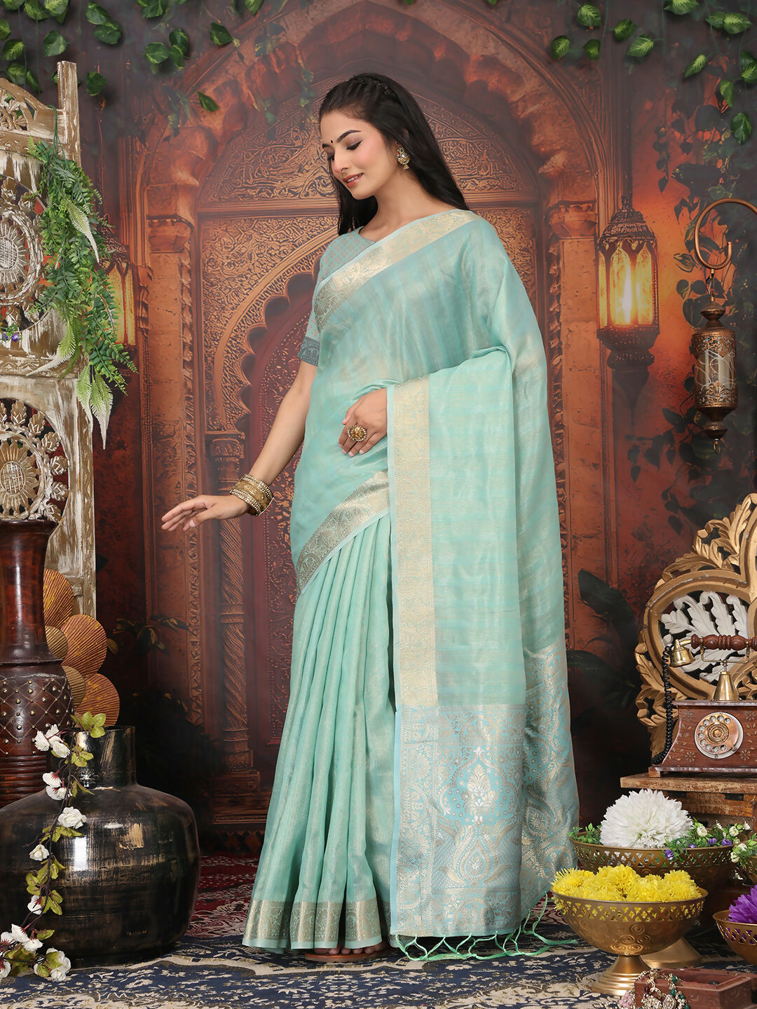 Shree Shyam Fashion Organza Rama Green Saree | Grocsy