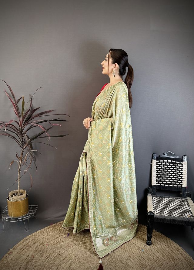 Elora Sage Green Vichitra Silk Animal Motifs Foil Print Sequence Embroidery Work Bandhani Saree | Grocsy