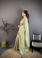 Elora Sage Green Vichitra Silk Animal Motifs Foil Print Sequence Embroidery Work Bandhani Saree | Grocsy