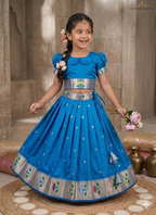 Evanik Blue Soft Silk Paithani Design Zari Weaving Pavadai Lehenga Choli For Kids | Grocsy