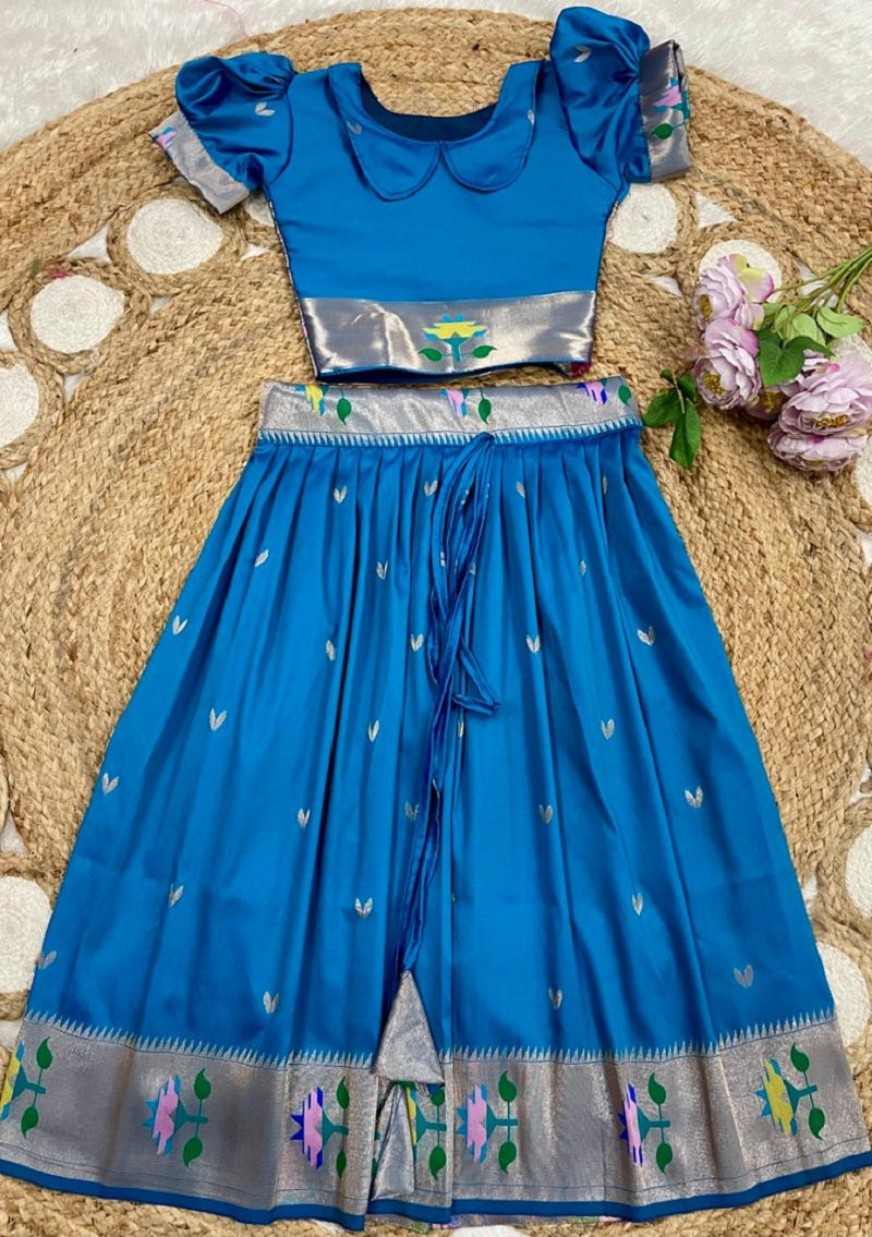 Evanik Blue Soft Silk Paithani Design Zari Weaving Pavadai Lehenga Choli For Kids | Grocsy