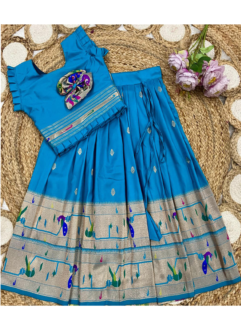 Evanik Designer Firozi Blue Soft Silk Paithani Design Lehenga Choli For Girls-Party & Ethnic Wear | Grocsy