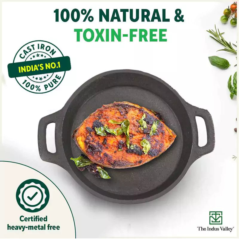 The Indus Valley CASTrong Cast Iron Fish Fry Pan, Pre-seasoned, Nonstick, 100% Pure, Toxin-free, Induction, 22.4/25cm, 1.5kg/2kg | Grocsy