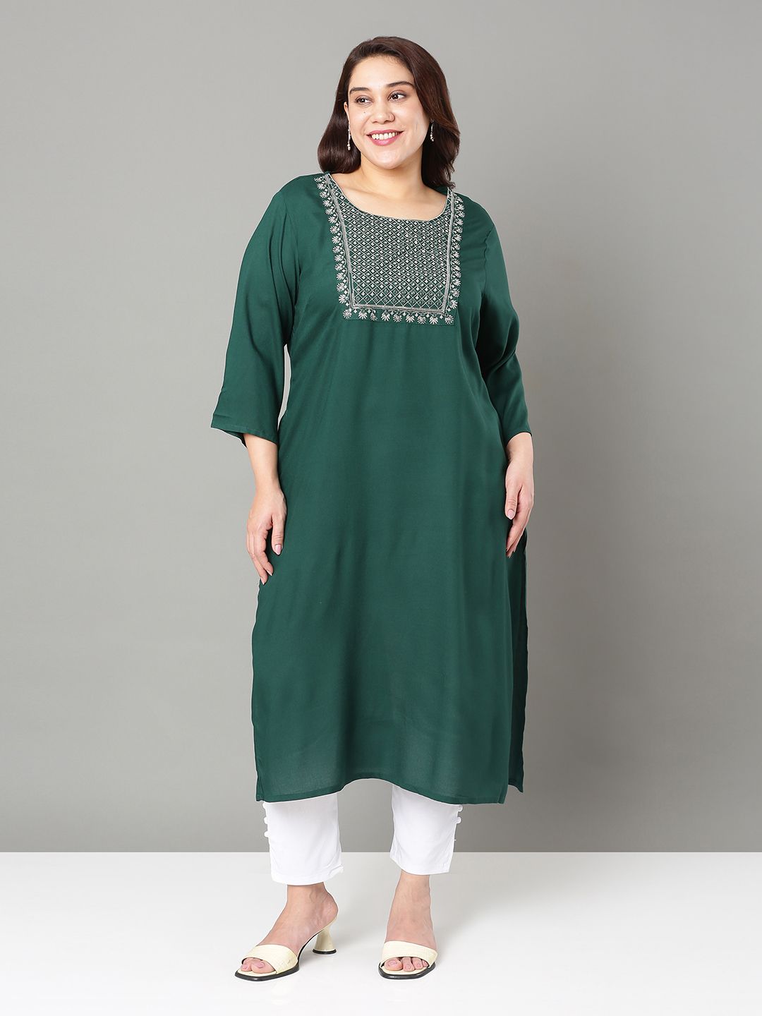 Sztori Plus Size Floral Yoke Design Thread Work Straight Kurta | Grocsy