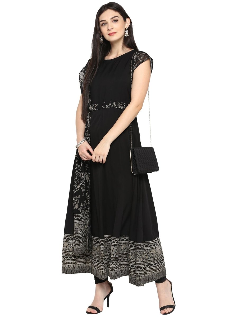 Ahalyaa Women's Black Crepe Printed Kurta With Attached Dupatta | Grocsy