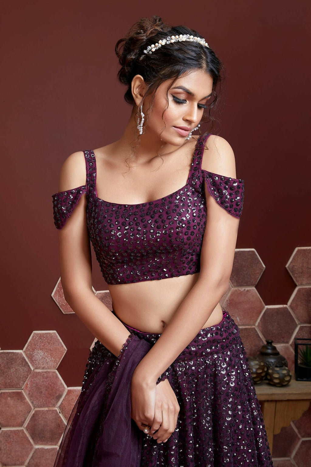 Wedding Designer Wine Net Lehenga Choli - Anbazaar | Grocsy