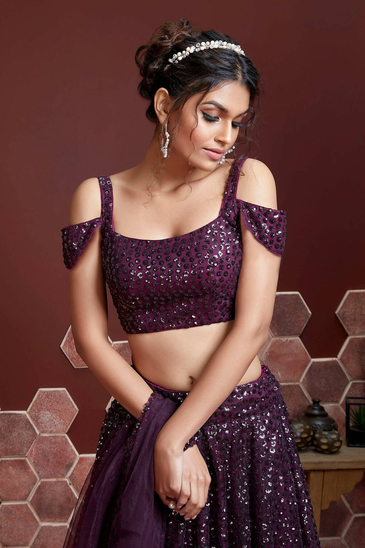 Wedding Designer Wine Net Lehenga Choli - Anbazaar | Grocsy