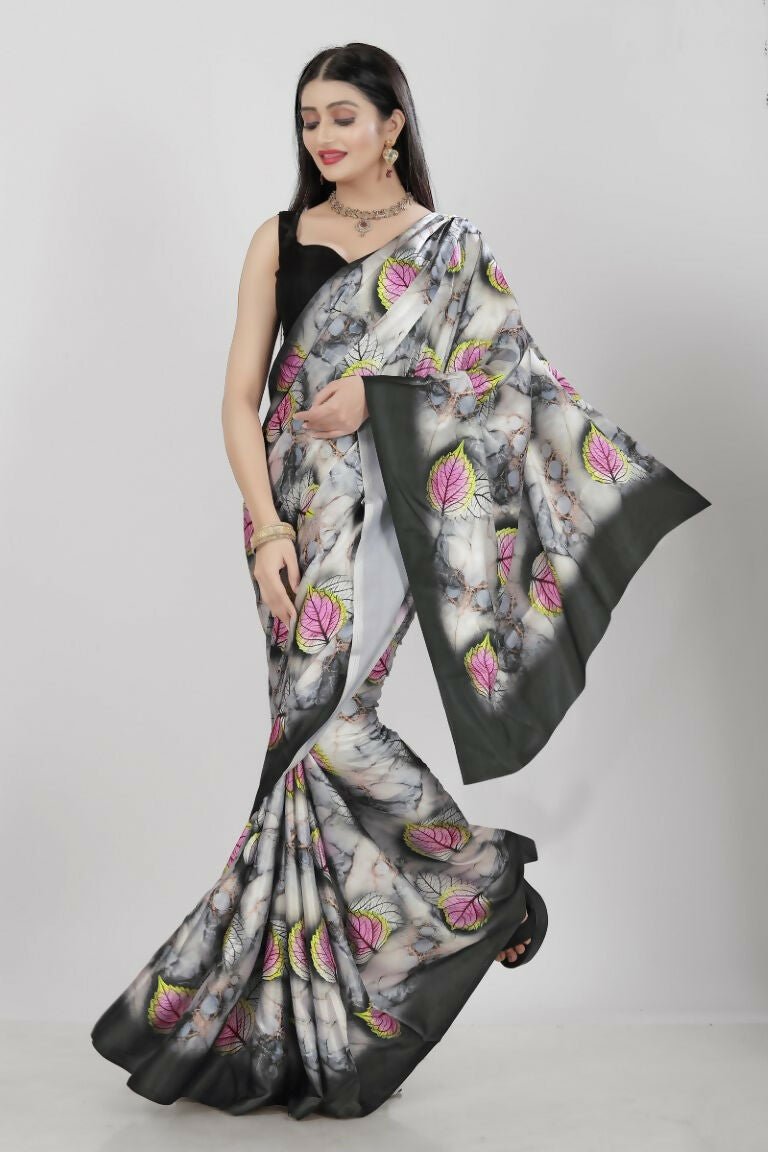 Aayaa Designer Printed Satin Saree - Multi Color | Grocsy
