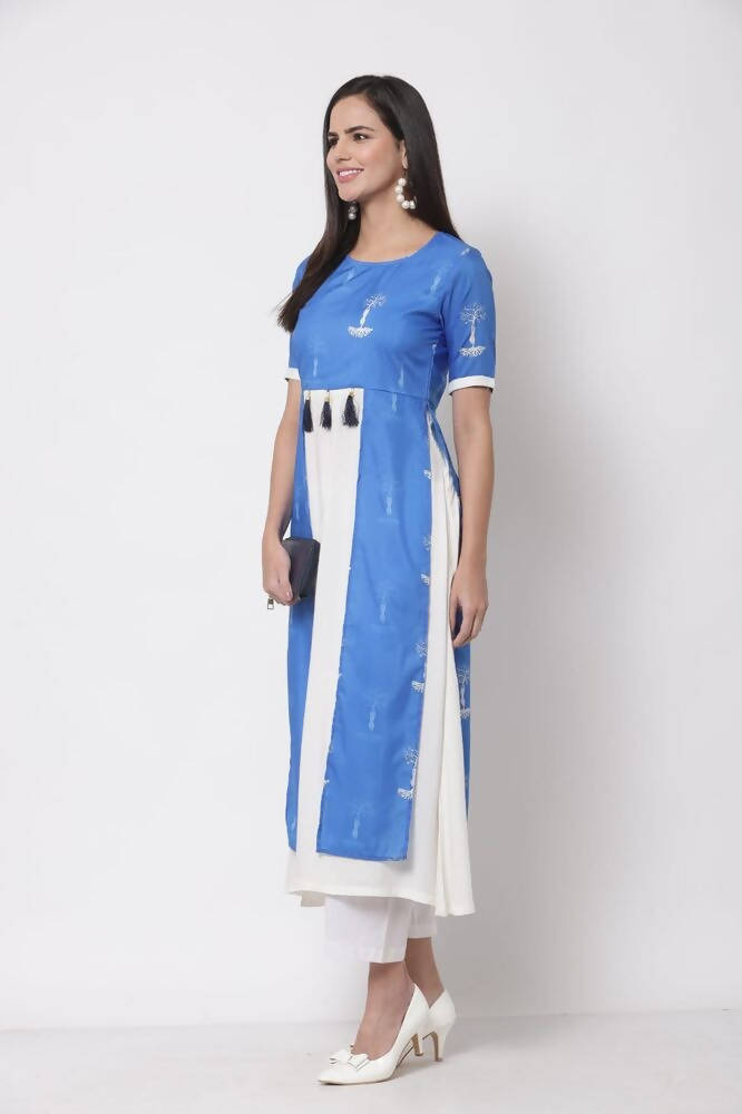 Myshka Viscose Printed 3/4 Sleeve Round Neck Casual Blue Women's dress | Grocsy
