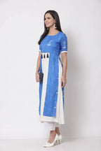 Myshka Viscose Printed 3/4 Sleeve Round Neck Casual Blue Women's dress | Grocsy