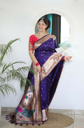 Voilet Woven Jacquard Designer Embroidery Work Party Wear Saree - Parampara | Grocsy