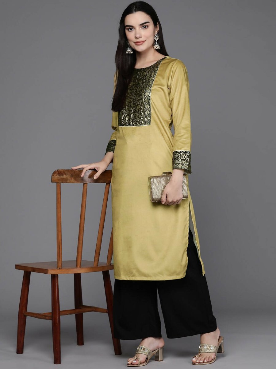Ahalyaa Women Floral Yoke Design Gotta Patti Velvet Kurta - Mustard Color | Grocsy