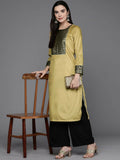 Ahalyaa Women Floral Yoke Design Gotta Patti Velvet Kurta - Mustard Color | Grocsy