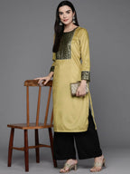 Ahalyaa Women Floral Yoke Design Gotta Patti Velvet Kurta - Mustard Color | Grocsy