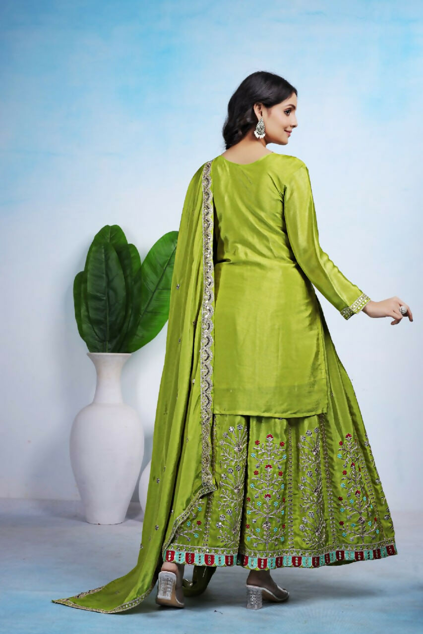 Joban Fashion Green Silk Embroidered Sharara Set | Grocsy