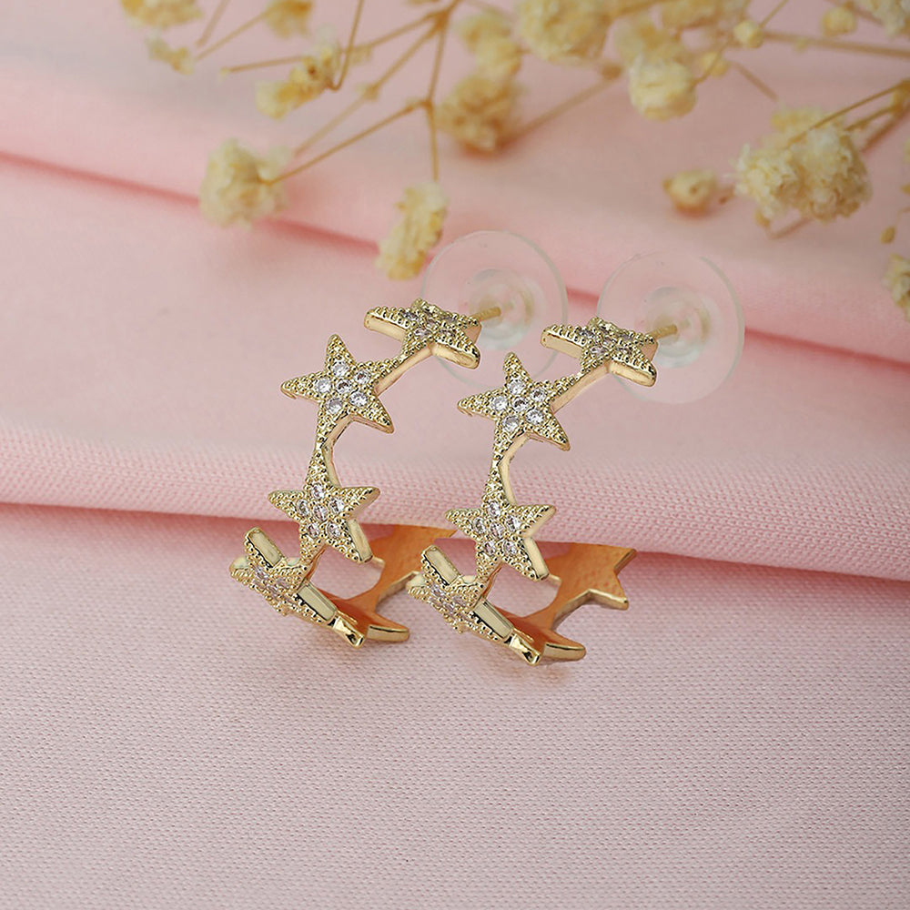 Women'S Brass Gold-Polished Cz - Studded Handcrafted Crescent Shaped Half Hoops - Wahe Jewels - Swadesiicart