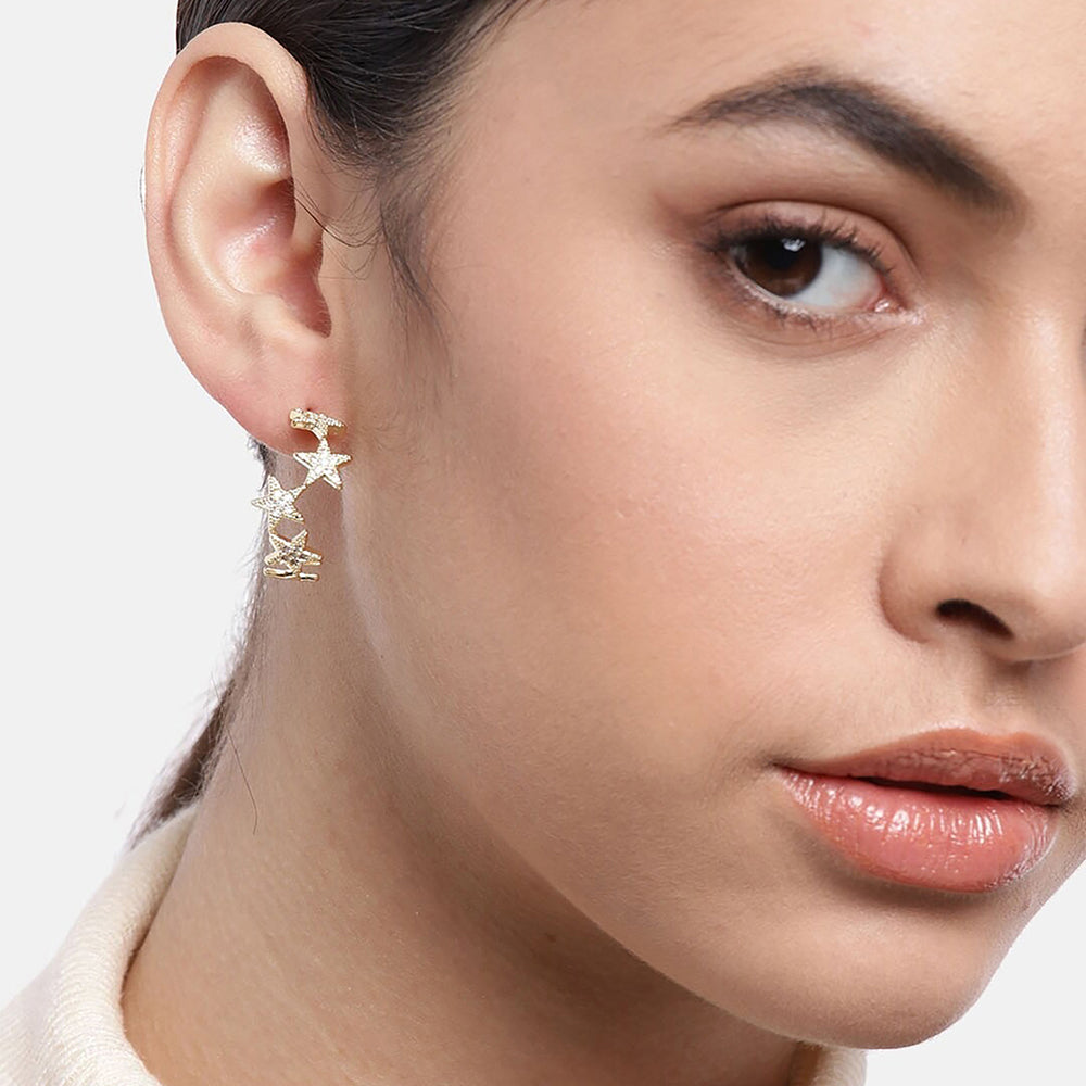 Women'S Brass Gold-Polished Cz - Studded Handcrafted Crescent Shaped Half Hoops - Wahe Jewels - Swadesiicart