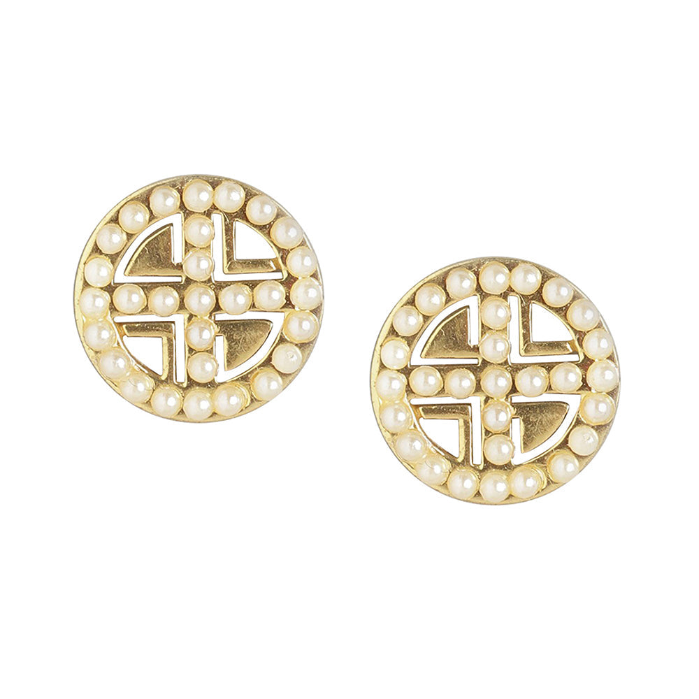 Women'S Brass Gold-Polished & White Circular Studs Earrings - Wahe Jewels - Swadesiicart