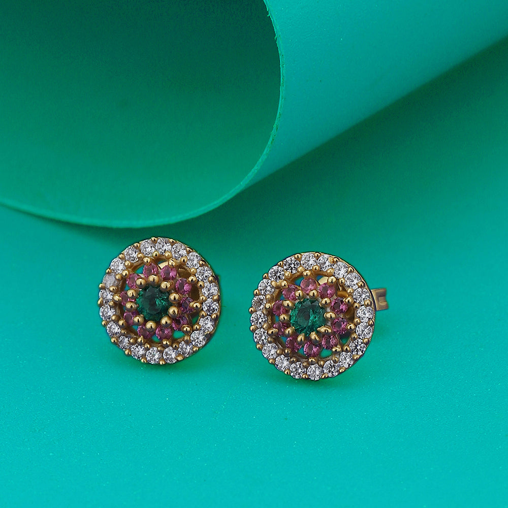 Women'S Gold Western Brass Cubic Zirconia Post And Back Gold-Polished Single Circular Studs Earrings - Wahe Jewels - Swadesiicart