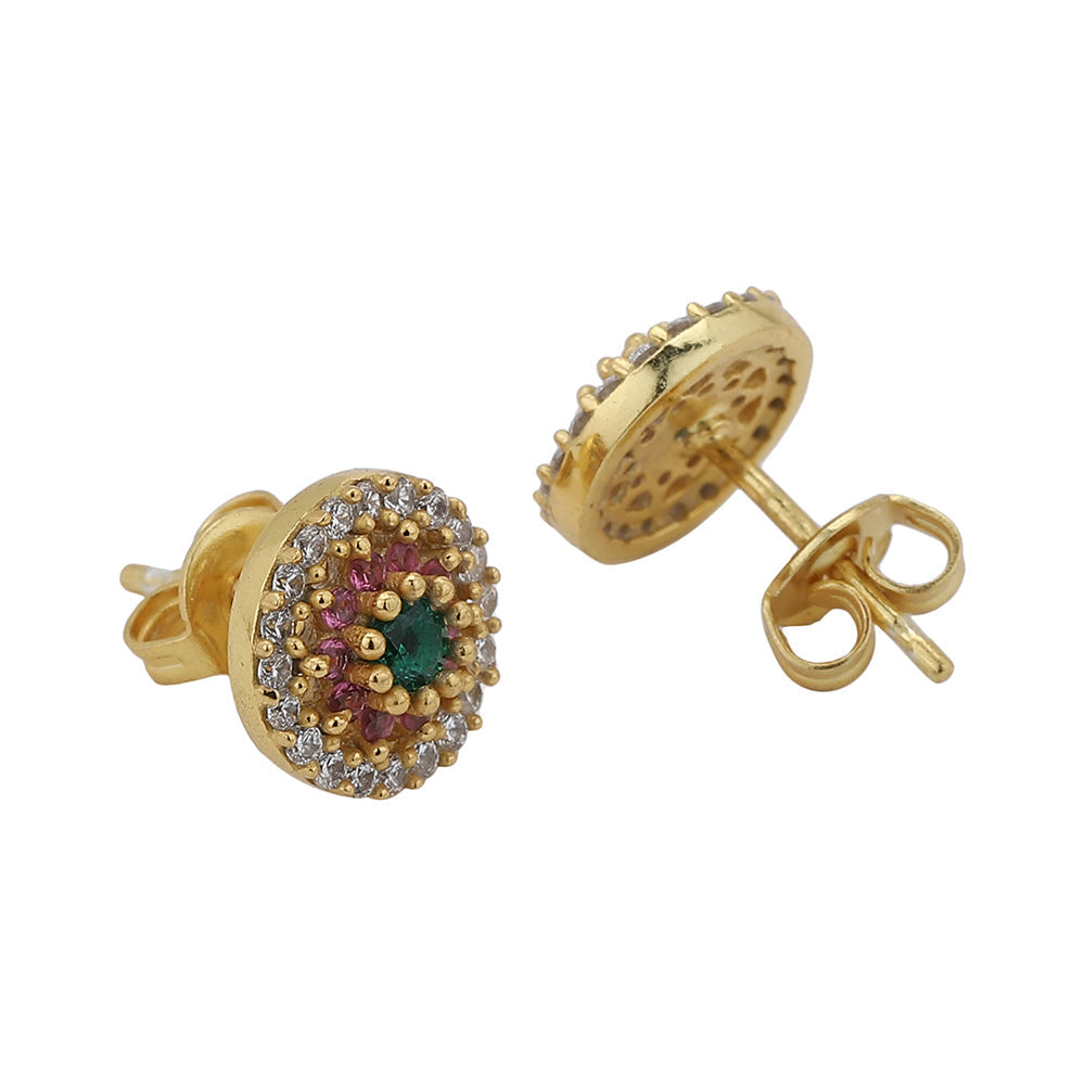 Women'S Gold Western Brass Cubic Zirconia Post And Back Gold-Polished Single Circular Studs Earrings - Wahe Jewels - Swadesiicart
