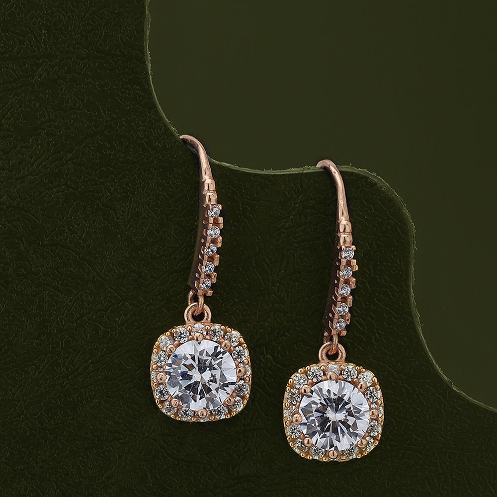 Women'S Rose Gold Western Brass Cubic Zirconia Fish Hook Ear Wire Rose Gold-Polished Single Square Rose - Gold-Polished Drop Earrings - Wahe Jewels - Swadesiicart
