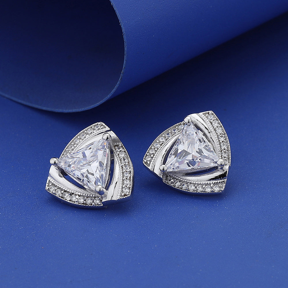 Women'S Silver Western Brass Cubic Zirconia Post And Back Rhodium - Plated Single Triangular Studs Earrings - Wahe Jewels - Swadesiicart